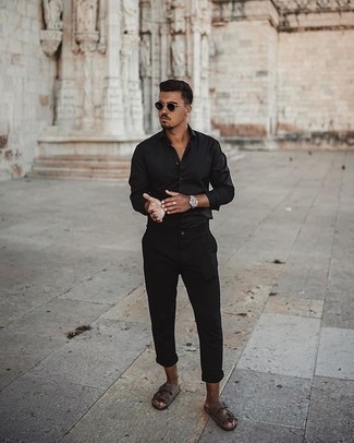 Brown Suede Sandals Outfits For Men: You're looking at the undeniable proof that a black long sleeve shirt and black chinos look amazing when married together in a relaxed casual outfit. Round off with a pair of brown suede sandals to power up this getup.
