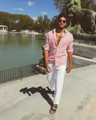 Men's White and Red Vertical Striped Long Sleeve Shirt, White Chinos, Dark Brown Leather Sandals, Dark Brown Sunglasses