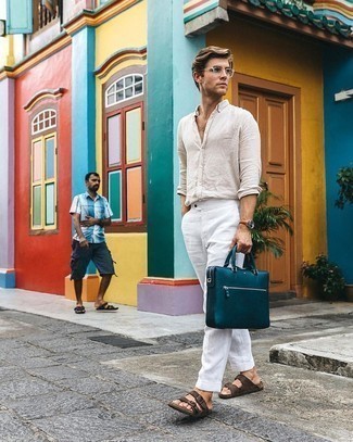 White Linen Chinos Outfits: To don a casual outfit with a contemporary spin, you can wear a beige linen long sleeve shirt and white linen chinos. For times when this ensemble appears too fancy, play it down with dark brown leather sandals.