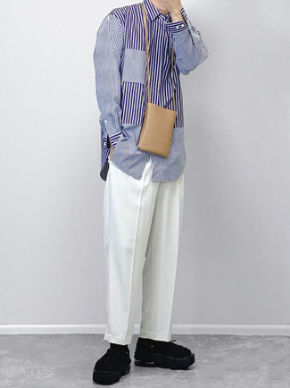 Men's White and Navy Vertical Striped Long Sleeve Shirt, White Chinos, Black Canvas Sandals, Tan Leather Messenger Bag