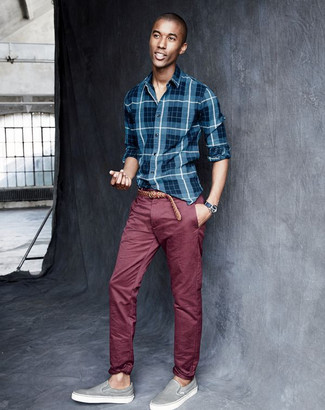 Grey Slip-on Sneakers Outfits For Men: A blue plaid long sleeve shirt and burgundy chinos? This is an easy-to-achieve getup that any gent can wear on a daily basis. Add a pair of grey slip-on sneakers to the equation and you're all done and looking smashing.