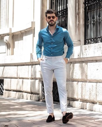 Blue Long Sleeve Shirt Outfits For Men: For a relaxed casual ensemble with a modern spin, try teaming a blue long sleeve shirt with white chinos. For something more on the classy end to finish off your ensemble, complete your ensemble with dark brown suede tassel loafers.