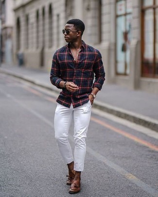 Dark Green Sunglasses Outfits For Men: A navy plaid long sleeve shirt looks so casually cool when teamed with dark green sunglasses. Introduce a pair of brown leather tassel loafers to the mix to effortlessly turn up the style factor of any outfit.