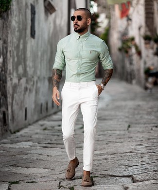 Men's Mint Long Sleeve Shirt, White Chinos, Brown Suede Tassel Loafers, Black Sunglasses