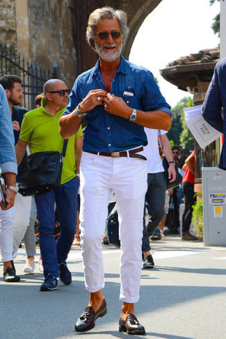 Navy Chambray Long Sleeve Shirt Outfits For Men: Such pieces as a navy chambray long sleeve shirt and white chinos are the ideal way to introduce effortless cool into your casual lineup. Want to break out of the mold? Then why not complement this outfit with dark brown leather tassel loafers?