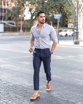Navy Check Chinos Outfits: Why not try pairing a light blue long sleeve shirt with navy check chinos? Both of these pieces are totally functional and will look awesome paired together. And it's a wonder how a pair of tan suede tassel loafers can transform an outfit.