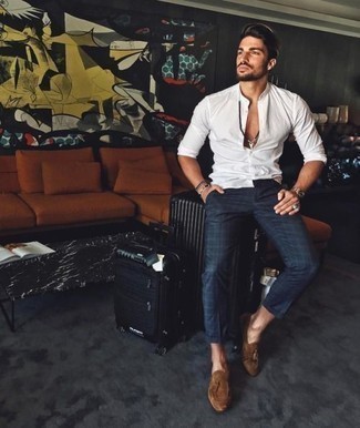 Navy Check Chinos Outfits: A white long sleeve shirt and navy check chinos work together smoothly. And if you want to immediately step up your ensemble with shoes, complete your look with a pair of brown suede tassel loafers.
