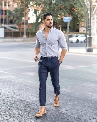Navy Check Chinos Outfits: A light blue long sleeve shirt looks especially cool when worn with navy check chinos in a casual ensemble. For maximum impact, complement your ensemble with tan suede tassel loafers.