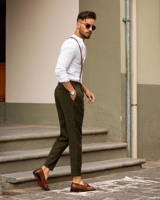 Men's White Long Sleeve Shirt, Olive Chinos, Brown Leather Tassel Loafers, Dark Brown Sunglasses