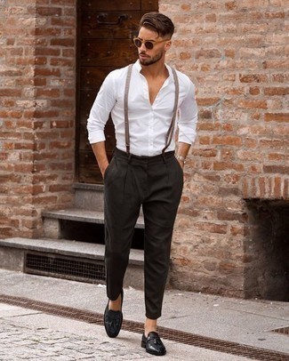 Tan Suspenders Outfits: If you're planning for a sartorial situation where comfort is imperative, this pairing of a white long sleeve shirt and tan suspenders is a winner. Finish off this look with black leather tassel loafers to serve a little outfit-mixing magic.