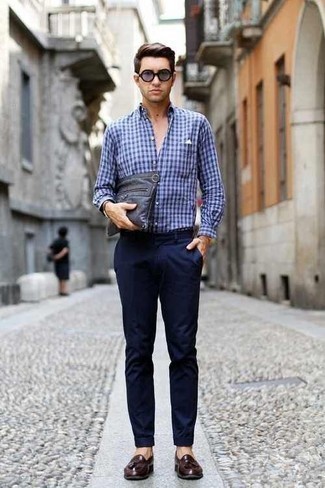 Navy and White Plaid Long Sleeve Shirt Outfits For Men: To don a laid-back look with a clear fashion twist, consider teaming a navy and white plaid long sleeve shirt with navy chinos. Burgundy leather tassel loafers will inject a sense of polish into an otherwise all-too-common look.