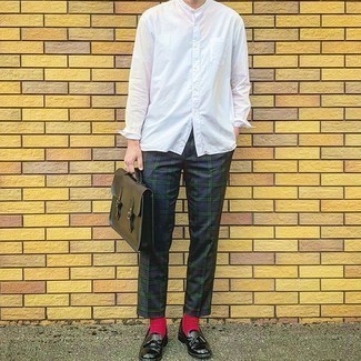 Men's White Long Sleeve Shirt, Navy and Green Plaid Chinos, Black Leather Tassel Loafers, Black Leather Briefcase