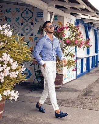 Navy Leather Tassel Loafers Outfits: A white and blue check long sleeve shirt and white chinos are a great ensemble worth incorporating into your daily casual collection. Navy leather tassel loafers will effortlessly elevate even the simplest outfit.
