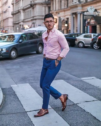 Blue Chinos Outfits: Why not choose a white and red vertical striped long sleeve shirt and blue chinos? Both pieces are totally practical and look awesome when paired together. And if you need to effortlessly ramp up this look with shoes, why not complete this getup with a pair of brown leather tassel loafers?