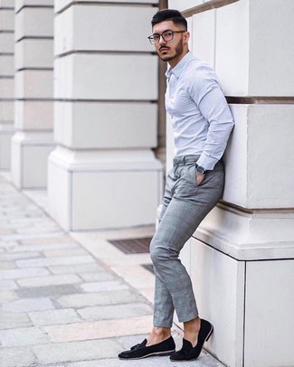 White and Black Check Long Sleeve Shirt Outfits For Men: This combo of a white and black check long sleeve shirt and grey plaid chinos spells comfort and laid-back cool. Why not complete this look with a pair of black suede tassel loafers for an extra touch of style?