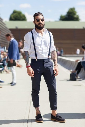 Navy Suspenders Outfits: This combination of a white long sleeve shirt and navy suspenders looks amazing and instantly makes any gent look stylish. A trendy pair of black suede tassel loafers is an effortless way to give a dash of sophistication to your ensemble.
