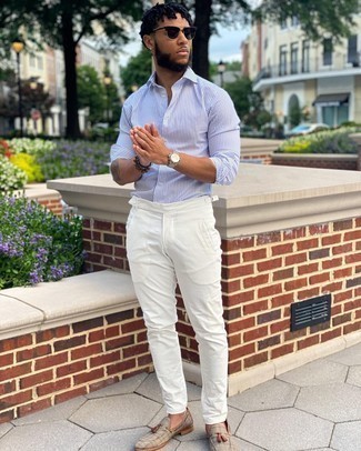 Beige Canvas Tassel Loafers Outfits: If you enjoy practical combos, marry a white and blue vertical striped long sleeve shirt with white chinos. If you need to effortlessly step up your outfit with one item, introduce a pair of beige canvas tassel loafers to the equation.