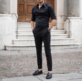 Black Check Chinos Outfits: Marrying a black long sleeve shirt with black check chinos is a savvy option for a casually stylish look. Let your styling expertise truly shine by finishing this look with a pair of black leather tassel loafers.