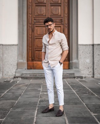 Dark Brown Woven Leather Loafers Outfits For Men: Marry a beige long sleeve shirt with white chinos to achieve an everyday ensemble that's full of charm and character. Dark brown woven leather loafers are an effective way to give a dose of polish to this outfit.