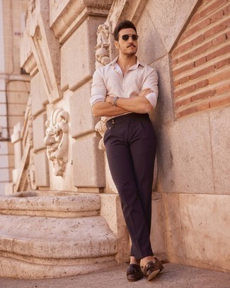 Dark Brown Leather Tassel Loafers Outfits: Why not pair a beige long sleeve shirt with dark brown chinos? Both items are super functional and look nice worn together. For a more polished aesthetic, introduce dark brown leather tassel loafers to the mix.