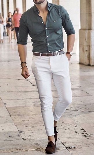 Tobacco Suede Tassel Loafers Outfits: This combination of a teal long sleeve shirt and white chinos spells casual cool and stylish functionality. Channel your inner Ryan Gosling and complement your outfit with a pair of tobacco suede tassel loafers.
