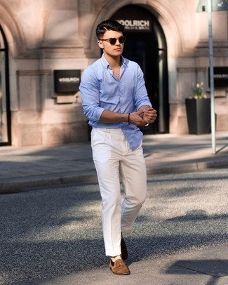 Brown Suede Tassel Loafers Outfits: A light blue long sleeve shirt and white chinos are a combination that every trendsetting guy should have in his off-duty sartorial arsenal. If you wish to instantly smarten up this getup with footwear, add brown suede tassel loafers to this look.