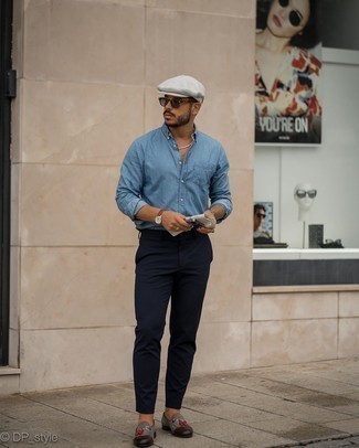 Men's Light Blue Chambray Long Sleeve Shirt, Navy Chinos, Grey Suede Tassel Loafers, White Flat Cap