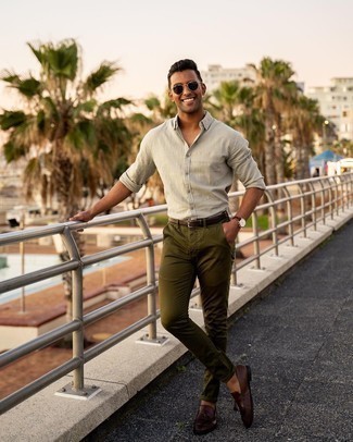 Olive Chinos Outfits: A beige long sleeve shirt and olive chinos worn together are a smart match. If you need to effortlessly bump up this look with shoes, complete your ensemble with dark brown leather tassel loafers.