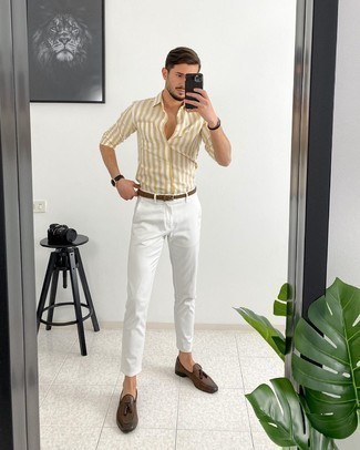 Men's Yellow Vertical Striped Long Sleeve Shirt, White Chinos, Dark Brown Leather Tassel Loafers, Brown Woven Canvas Belt
