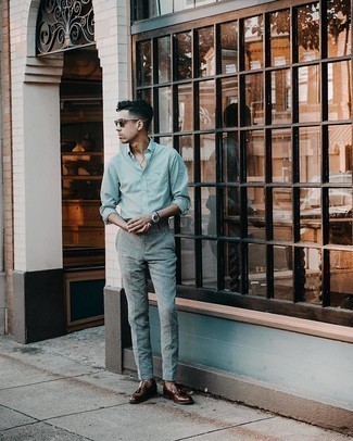 Mint Long Sleeve Shirt Outfits For Men: Consider pairing a mint long sleeve shirt with grey linen chinos for a seriously stylish, casual ensemble. Amp up your whole look by wearing dark brown leather tassel loafers.