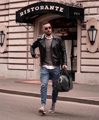 Men's Blue Ripped Jeans, White Long Sleeve Shirt, Charcoal Crew-neck Sweater, Black Leather Biker Jacket