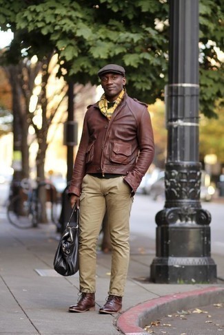 Dark Brown Leather Biker Jacket Outfits For Men: 