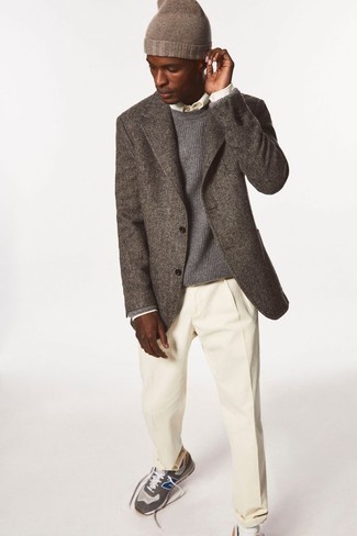 Charcoal Herringbone Wool Blazer Outfits For Men: 