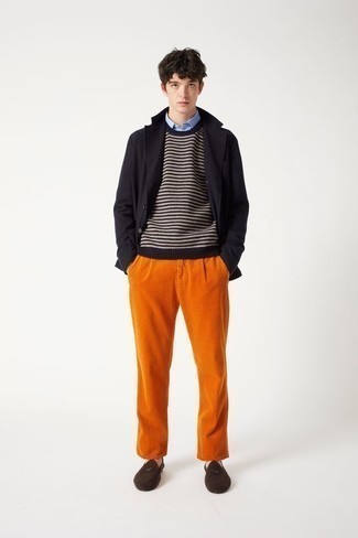 Men's Orange Corduroy Chinos, Light Blue Long Sleeve Shirt, Black Horizontal Striped Crew-neck Sweater, Black Blazer