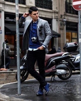 Grey Blazer with Long Sleeve Shirt Outfits For Men: 