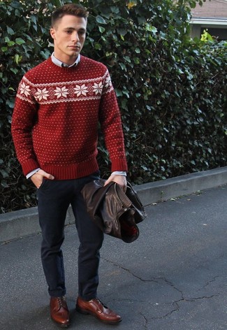 Burgundy Fair Isle Crew-neck Sweater Outfits For Men: 