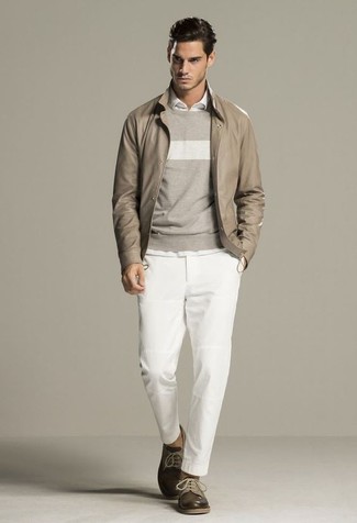 Men's White Chinos, White Long Sleeve Shirt, Grey Horizontal Striped Crew-neck Sweater, Beige Leather Bomber Jacket