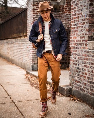 Men's Tobacco Chinos, White and Red and Navy Plaid Long Sleeve Shirt, White Crew-neck Sweater, Navy Denim Jacket