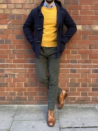 Orange Crew-neck Sweater Outfits For Men: 