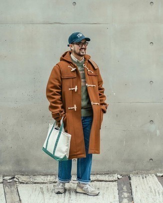 Tobacco Duffle Coat Outfits For Men: 
