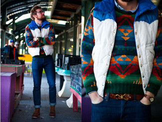 Multi colored Crew-neck Sweater with Navy Jeans Outfits For Men: 