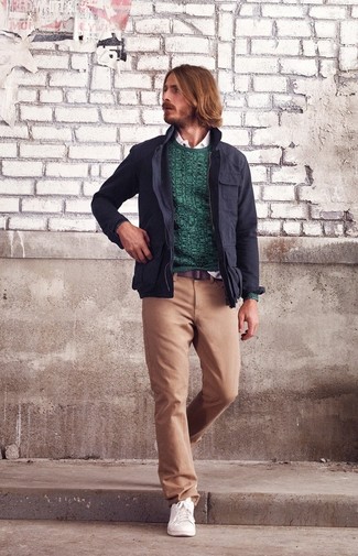 Dark Green Crew-neck Sweater Outfits For Men: 