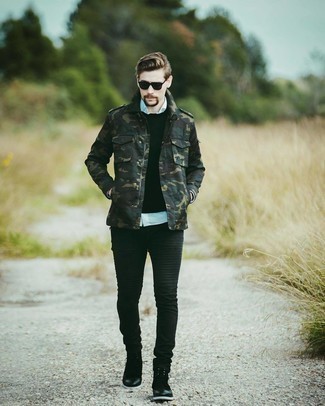 Dark Green Military Jacket Outfits For Men: 