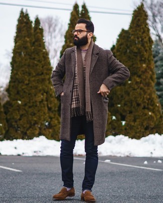 Brown Plaid Scarf Outfits For Men: 