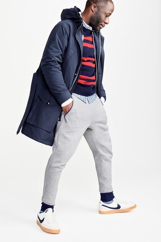 Navy and Red Horizontal Striped Crew-neck Sweater Outfits For Men: 
