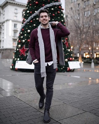 Dark Purple Crew-neck Sweater Outfits For Men: 