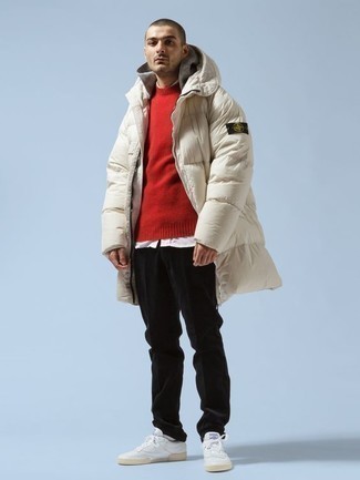 Beige Puffer Coat Outfits For Men: 