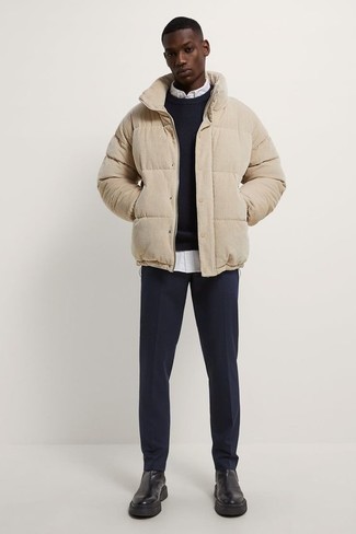 Crew-neck Sweater with Puffer Jacket Outfits For Men: 