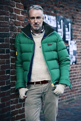 Michael Bastian wearing White Crew-neck T-shirt, White and Red and Navy Plaid Long Sleeve Shirt, Beige Crew-neck Sweater, Green Puffer Jacket