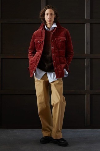 Red Corduroy Shirt Jacket Outfits For Men: 
